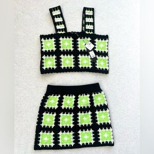 Fashion Nova Black, White & Lime Crochet Granny Mini Skirt & Matching Tank Top